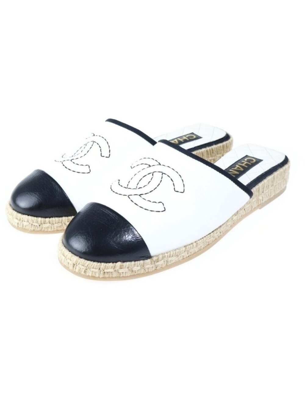 Chanel CC Logo Espadrilles Flat Sandals White Black